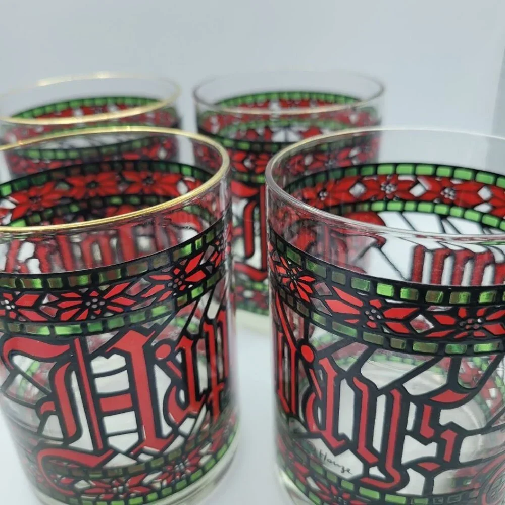 Houze Happy‎ Holidays Stained Glasses Cups Red Green Gold Poinsettia Christmas